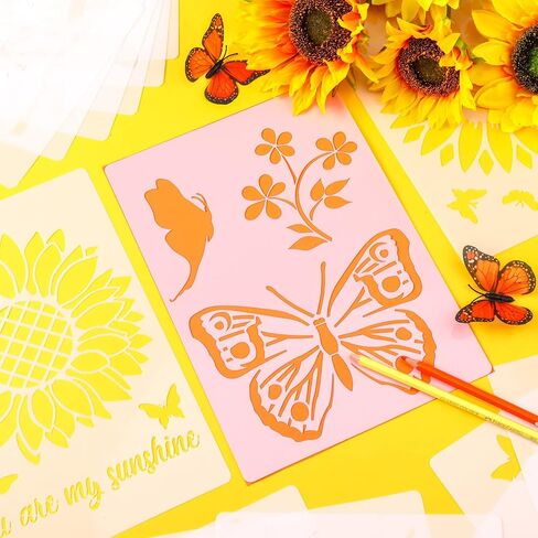 20 Pcs Large Sunflower Stencils for Painting Reusable A4 Size Flower Butterfly Spring Summer Stencils for Painting on Wood Wall Stencils for Crafts Plastic Template for Art Decoration, 11.7 x 8.3 Inch in Saudi Arabia