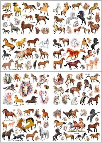 الوشم المؤقت للحصان 124 قطعة (8 ورقات) وشم الحصان للأطفال لوازم حفلات أعياد الميلاد، ملصقات الوشم، هدايا لطيفة للغاية، ديكورات الحفلات للفتيات والأولاد، جوائز مدرسية تحت عنوان in Kuwait