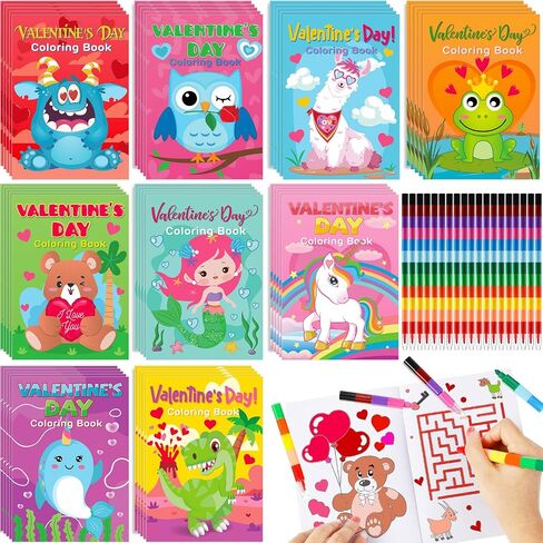 54 Pcs Valentine's Day Coloring Books for Kids with Stacking Crayons 27 Valentine Mini Coloring Book DIY Drawing Book 27 Color Changing Pencils for Valentine Gift School Classroom Activity Supplies in Saudi Arabia