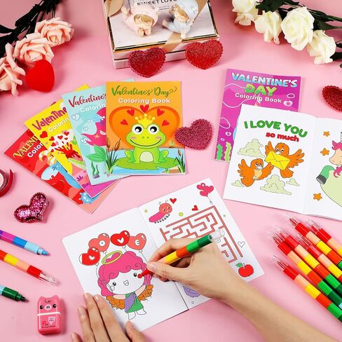 54 Pcs Valentine's Day Coloring Books for Kids with Stacking Crayons 27 Valentine Mini Coloring Book DIY Drawing Book 27 Color Changing Pencils for Valentine Gift School Classroom Activity Supplies in Saudi Arabia