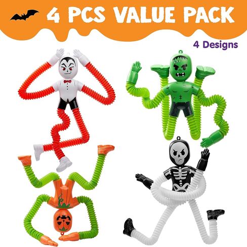JOYIN 4 PCS Halloween Sensory Stretchy Fidget Toys, Stress Relief Telescopic Pop Tube Toys, Halloween Party Favors Children Gift, Frankenstein, Pumpkin, Skeleton, Vampire, Kids Autism s in Saudi Arabia