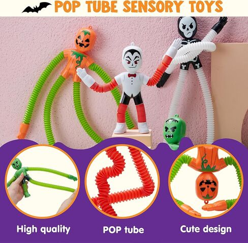 JOYIN 4 PCS Halloween Sensory Stretchy Fidget Toys, Stress Relief Telescopic Pop Tube Toys, Halloween Party Favors Children Gift, Frankenstein, Pumpkin, Skeleton, Vampire, Kids Autism s in Saudi Arabia