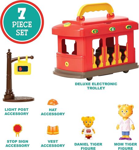 Daniel Tiger's Neighborhood Deluxe Electronic Trolley Vehicle with 2 Songs, 12 Phrases, Sounds & Light! Daniel & Mom Tiger Figures Included, For Ages 3+ in Kuwait