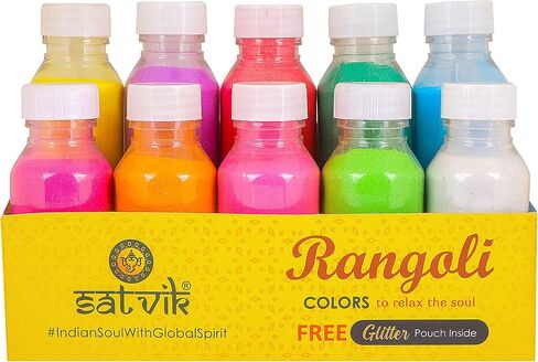 SATVIK 10 Shades of Rangoli Colors More Quantity Easy to Store Glitter Rangoli Colours Kit (No GULAL) Festival/Festive Multi Colors Powder Art Crafts Painting, Diwali Housewarming Return Gifts Items in Saudi Arabia