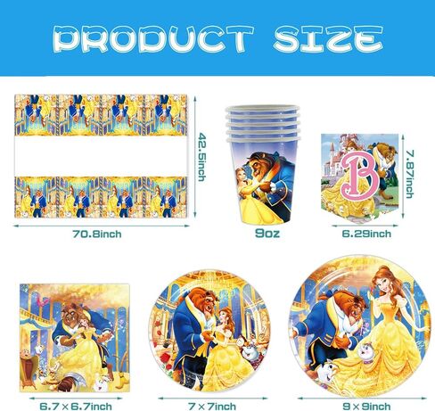 لوازم حفلات بيوتي آند ذا بيست - ديكورات عيد ميلاد بيوتي آند ذا بيست بما في ذلك اللافتات والأطباق والمناديل والأكواب وأغطية الطاولات لتزيين حفلات عيد ميلاد الأميرة (أصفر) in Kuwait