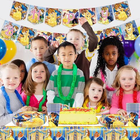 لوازم حفلات بيوتي آند ذا بيست - ديكورات عيد ميلاد بيوتي آند ذا بيست بما في ذلك اللافتات والأطباق والمناديل والأكواب وأغطية الطاولات لتزيين حفلات عيد ميلاد الأميرة (أصفر) in Kuwait