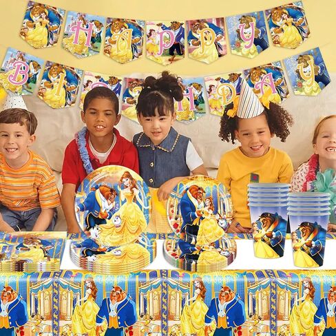 لوازم حفلات بيوتي آند ذا بيست - ديكورات عيد ميلاد بيوتي آند ذا بيست بما في ذلك اللافتات والأطباق والمناديل والأكواب وأغطية الطاولات لتزيين حفلات عيد ميلاد الأميرة (أصفر) in Kuwait