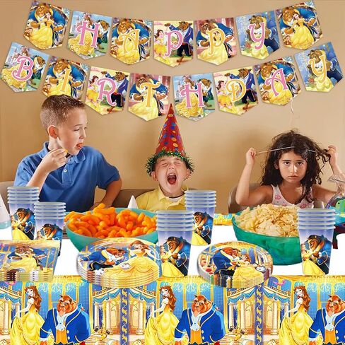 لوازم حفلات بيوتي آند ذا بيست - ديكورات عيد ميلاد بيوتي آند ذا بيست بما في ذلك اللافتات والأطباق والمناديل والأكواب وأغطية الطاولات لتزيين حفلات عيد ميلاد الأميرة (أصفر) in Kuwait