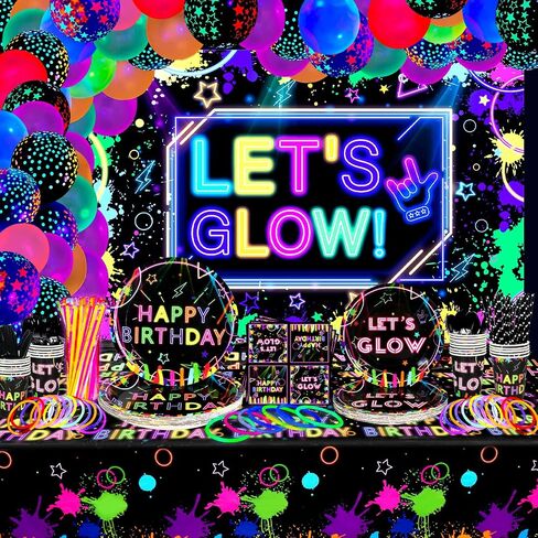 Glow Neon Party Supplies- Glow in the Dark Glow Happy Birthday Banner, Plates, Tablecloths, Cups, Napkins, Straws, Hanging Swirls, Neon Balloons, for Blacklight Party Decorations Serves 20 (Set-01) in Kuwait