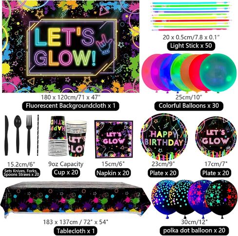 Glow Neon Party Supplies- Glow in the Dark Glow Happy Birthday Banner, Plates, Tablecloths, Cups, Napkins, Straws, Hanging Swirls, Neon Balloons, for Blacklight Party Decorations Serves 20 (Set-01) in Kuwait