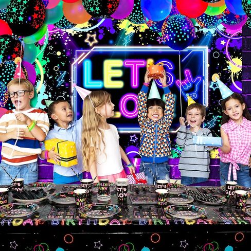 Glow Neon Party Supplies- Glow in the Dark Glow Happy Birthday Banner, Plates, Tablecloths, Cups, Napkins, Straws, Hanging Swirls, Neon Balloons, for Blacklight Party Decorations Serves 20 (Set-01) in Kuwait