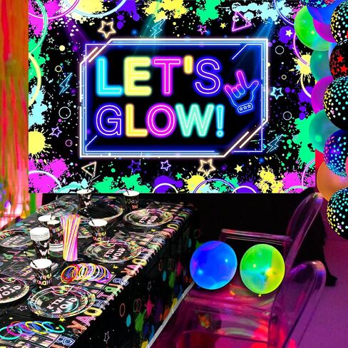 Glow Neon Party Supplies- Glow in the Dark Glow Happy Birthday Banner, Plates, Tablecloths, Cups, Napkins, Straws, Hanging Swirls, Neon Balloons, for Blacklight Party Decorations Serves 20 (Set-01) in Kuwait