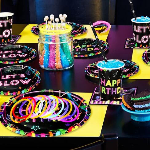 Glow Neon Party Supplies- Glow in the Dark Glow Happy Birthday Banner, Plates, Tablecloths, Cups, Napkins, Straws, Hanging Swirls, Neon Balloons, for Blacklight Party Decorations Serves 20 (Set-01) in Kuwait