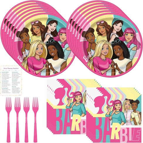 Unique Barbie Plates and Napkins Set - Serves 16 Guests, 16 Barbie Dinner Plates and Dinner Napkins, Forks, Checklist, Barbie Party Decorations, Barbie Birthday Supplies, Officially Licensed by Unique in Saudi Arabia