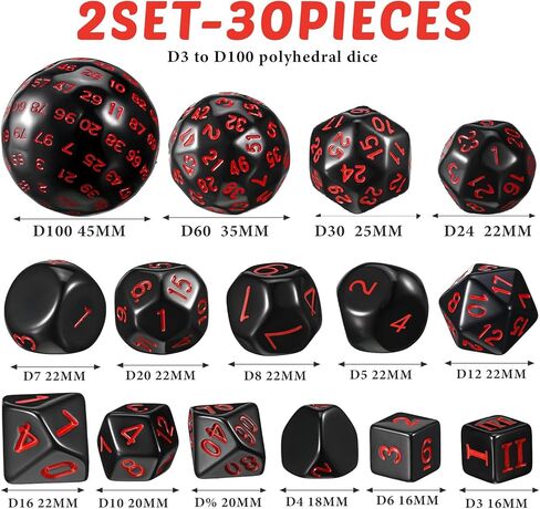 30 Pieces Polyhedral Dice Set 100 Sides Dice Set D3-D100 Spherical Dice in Opaque Black for Role Playing Table Games Party Supplies in Kuwait