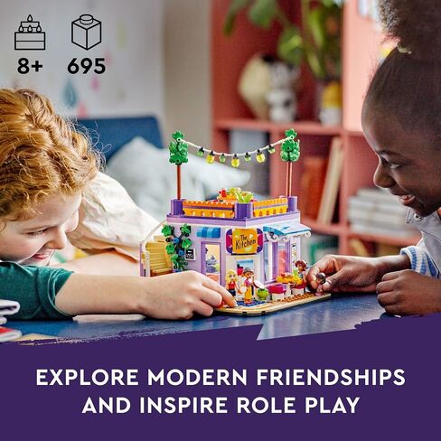 LEGO Friends Heartlake City Community Kitchen 41747 Pretend Building Toy Set, Creative Fun for Boys and Girls Ages 8+, with 3 Mini-Dolls, 1 Micro-Doll, a Pet Cat and Lots of Kitchen Accessories in Saudi Arabia