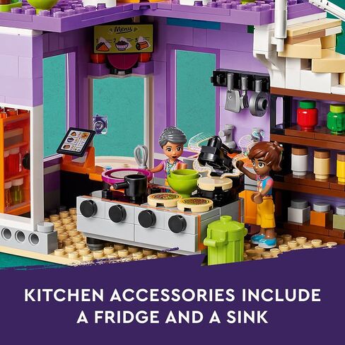 LEGO Friends Heartlake City Community Kitchen 41747 Pretend Building Toy Set, Creative Fun for Boys and Girls Ages 8+, with 3 Mini-Dolls, 1 Micro-Doll, a Pet Cat and Lots of Kitchen Accessories in Saudi Arabia