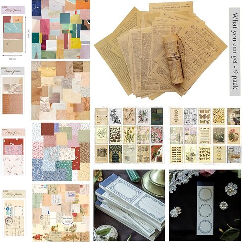 مجموعة لوازم سجل القصاصات العتيقة - 9 عبوات | مستلزمات مجلة غير مرغوبة | لوازم المجلة العتيقة الجمالية للبالغين والأطفال | ورق من مواد مختلفة متاحة (667 قطعة) in Kuwait