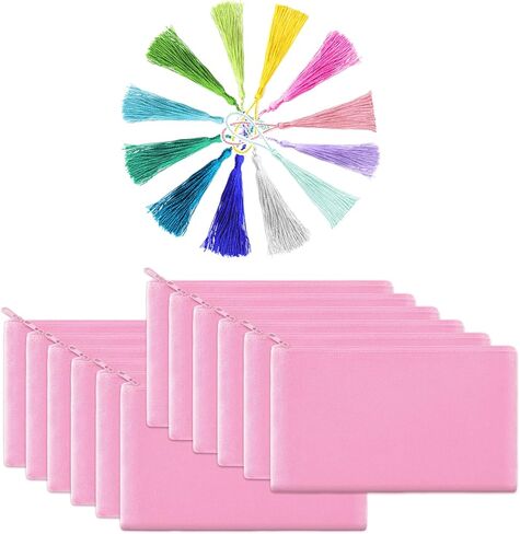 JUZNU 12 Pack Canvas Pencil Pouch, Multipurpose Blank Cotton DIY Craft Zipper Bag for Makeup Travel Stationary Storage with 12 Handmade Colorful Tassels in Kuwait