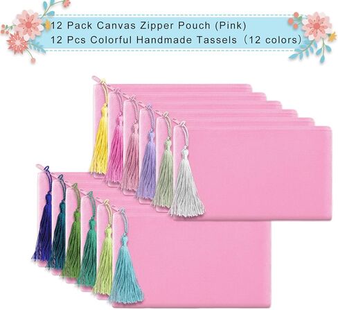 JUZNU 12 Pack Canvas Pencil Pouch, Multipurpose Blank Cotton DIY Craft Zipper Bag for Makeup Travel Stationary Storage with 12 Handmade Colorful Tassels in Kuwait