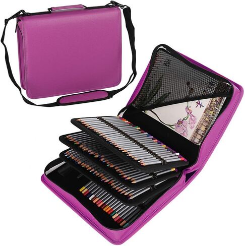 حقيبة مقلمة ملونة من جلد البولي يوريثان تحتوي على 180 فتحة من شولانر، حقيبة حمل ذات سعة كبيرة لأقلام الرصاص الملونة المائية وأقلام كرايولا الملونة وأقلام ماركو وأقلام الجل (أسود، 180) in Kuwait