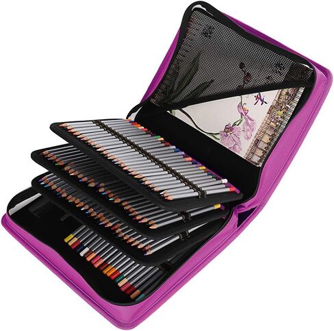 حقيبة مقلمة ملونة من جلد البولي يوريثان تحتوي على 180 فتحة من شولانر، حقيبة حمل ذات سعة كبيرة لأقلام الرصاص الملونة المائية وأقلام كرايولا الملونة وأقلام ماركو وأقلام الجل (أسود، 180) in Kuwait