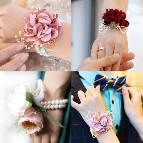mollensiuer 4 Pieces Elastic Pearl Wrist Bands Wristlets Corsage Accessories Stretch Pearl Wedding Wrist Corsages DIY Decorate Accessories for Wedding Prom Bride Handmade Corsage in Saudi Arabia