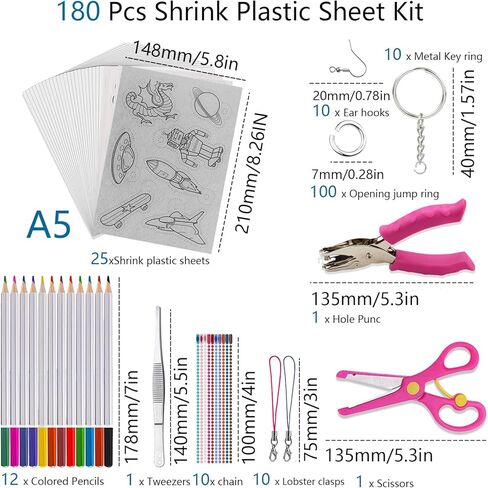DERERSTE Shrink Plastic Sheet Kit,180 Pcs A5 Heat Shrinky Art Crafts Set, Include 25Pcs Shrink Art Film Paper and 155 Accessories for Creative Art Craft DIY Ornaments Keychains in Kuwait