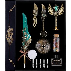 Quill Pen and Ink Set,Feather Pen Set for Calligraphy,Christmas Gift for Handwriting Lovers, Birthday Gift(Bule)