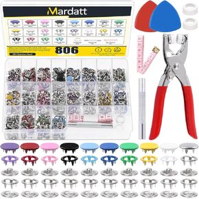 Mardatt 807Pcs Snap Fasteners Tool Kit Includes Hollow Metal Prong Snaps Buttons, Snaps Fasteners Pliers, Setting Tool and Ruler for DIY Leather Sewing Clothing(9.5mm,10 Colors)