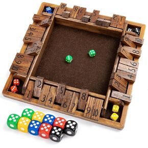 ropoda 12 Inches 4-Way Shut The Box Dice Board Game (2-4 Players) for Kids & Adults [4 Sided Large Wooden Board Game, 8 Dice + Shut-The-Box Rules] Smart Game for Learning Addition