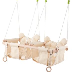 ارجوحة اطفال مزدوجة من ترويسبوت، كرسي نوم خشبي معلق 2 في 1 للاطفال والرضع والاطفال الصغار، ارجوحة مزدوجة داخلية للاطفال بعمر 6-36 شهر، ارجوحة شجرة او الفناء الخلفي (بيج) E1 in Kuwait