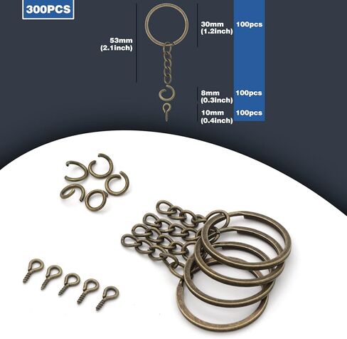 YAKA 300 قطعة من حلقات سلسلة المفاتيح 1.2 بوصة/30 مم ذهبية 100 قطعة من حلقات المفاتيح المعدنية المسطحة مع 100 قطعة من حلقات القفز و100 قطعة من دبابيس العين اللولبية بالجملة لمستلزمات صناعة الحرف اليدوية (1.2 بوصة (30 مم)) in Kuwait
