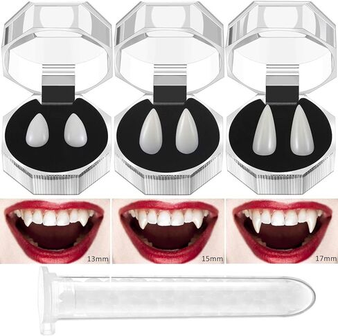 vovea أنياب أسنان مصاصي الدماء - أسنان وهمية للهالوين، أنياب مصاص دماء واقعية، إكسسوارات زي مصاصي الدماء للنساء والرجال في حفلات الهالوين، 3 أزواج 3 أحجام مع مادة لاصقة in Kuwait