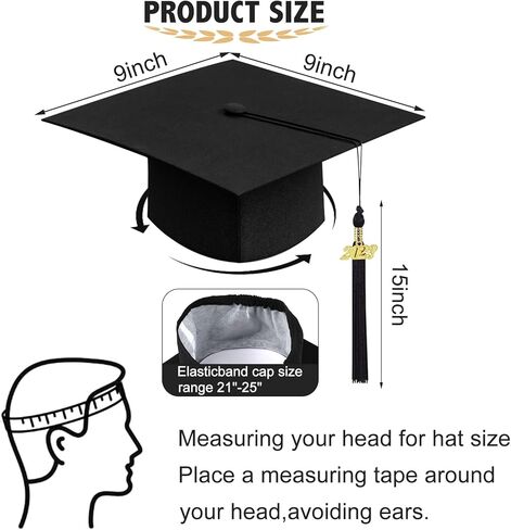 موكوم قبعة تخرج سوداء مع شرابة 2023 مقاس 72 انش، مجموعة حبل الشرف الذهبي للجنسين البالغين في المدرسة الثانوية والجامعة والبكالوريوس in Kuwait