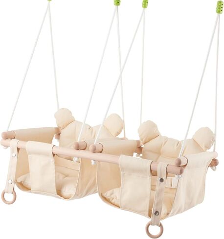 ارجوحة اطفال مزدوجة من ترويسبوت، كرسي نوم خشبي معلق 2 في 1 للاطفال والرضع والاطفال الصغار، ارجوحة مزدوجة داخلية للاطفال بعمر 6-36 شهر، ارجوحة شجرة او الفناء الخلفي (بيج) E1 in Kuwait