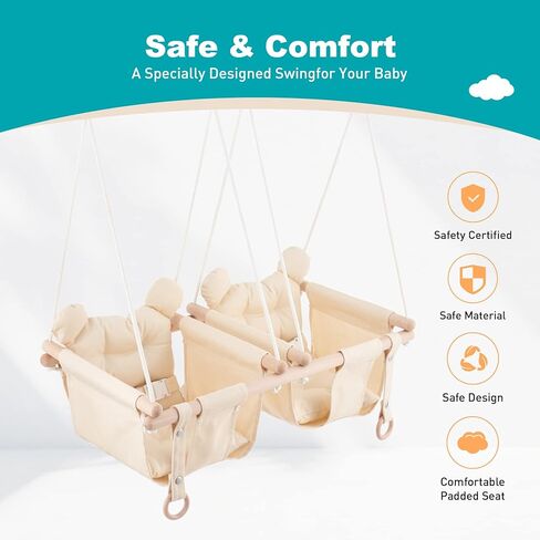 ارجوحة اطفال مزدوجة من ترويسبوت، كرسي نوم خشبي معلق 2 في 1 للاطفال والرضع والاطفال الصغار، ارجوحة مزدوجة داخلية للاطفال بعمر 6-36 شهر، ارجوحة شجرة او الفناء الخلفي (بيج) E1 in Kuwait