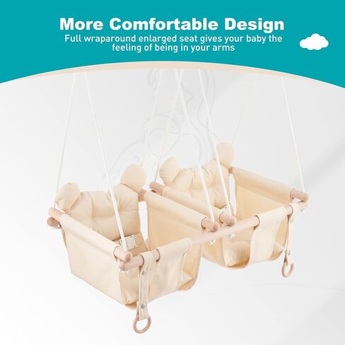 ارجوحة اطفال مزدوجة من ترويسبوت، كرسي نوم خشبي معلق 2 في 1 للاطفال والرضع والاطفال الصغار، ارجوحة مزدوجة داخلية للاطفال بعمر 6-36 شهر، ارجوحة شجرة او الفناء الخلفي (بيج) E1 in Kuwait