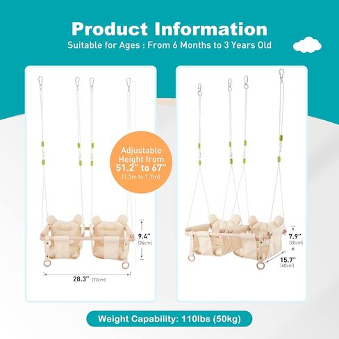 ارجوحة اطفال مزدوجة من ترويسبوت، كرسي نوم خشبي معلق 2 في 1 للاطفال والرضع والاطفال الصغار، ارجوحة مزدوجة داخلية للاطفال بعمر 6-36 شهر، ارجوحة شجرة او الفناء الخلفي (بيج) E1 in Kuwait