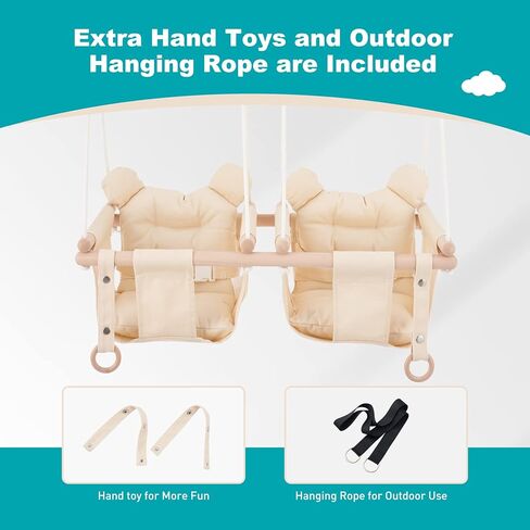 ارجوحة اطفال مزدوجة من ترويسبوت، كرسي نوم خشبي معلق 2 في 1 للاطفال والرضع والاطفال الصغار، ارجوحة مزدوجة داخلية للاطفال بعمر 6-36 شهر، ارجوحة شجرة او الفناء الخلفي (بيج) E1 in Kuwait