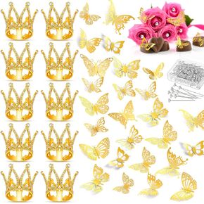 Seajan 170 Pcs Flower Bouquet Accessories, 10 Pcs Mini Crown Cake Topper with 100 Pcs Corsage Bouquet Pins and 60 Pcs 3D Butterfly Decorations for Birthday Baby Shower Party Floral Arrangements