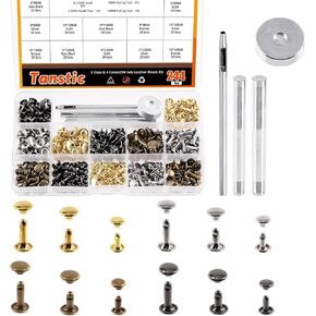 Tanstic 365Pcs Leather Rivets Kit, 3 Sizes 4 Colors Double Cap Rivets Flat Tubular Metal Studs with Rubber Hammer and Setting Tool Kit for Leather Craft Repair Decoration(Silver/Gun Black/Bronze/Gold)