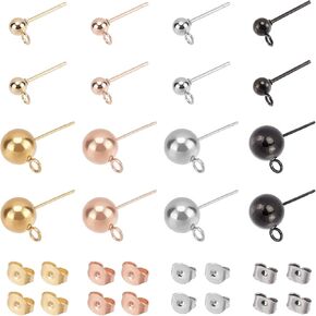 UNICRAFTALE 16pcs 4 Colors Round Ball Stud Earrings Hypoallergenic Studs Earrings with Loop Stainless Steel Earrings with Ear Nuts for Jewelry Making 1.7~2mm Hole