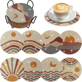 8 Pcs Boho Diamond Painting Coasters Abstract Moon Diamond Coasters with Holder Diamond Art Coasters Diamond Painting Kits Non Slip Wooden Coaster for Beginners Adults Kids Dining Decors Art Crafts
