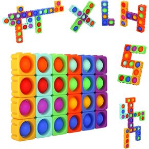 Pop Fidget Toys Bubble Sensory Toy Girl Boy 24Pcs Colorful Silicone Fidget Building Block Toy Set Autism Special Needs Stress Relief Kids Educational Dimple Fidget Packs Puzzle Toy Toddler Gift