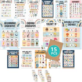 Decorably 15 Boho Rainbow Phonics Posters for Classroom, 11x17in Matte-Laminated Educational Boho Sound Wall Classroom Phonics Decor in Kuwait