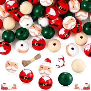 120 Pieces 20mm Christmas Wood Beads Santa Wooden Bead Christmas Round Beads Winter Loose Round Bead Red Green Natural Wooden Beads with 65.6 Feet Twine for Crafts DIY Christmas Party Supplies Decor in Kuwait