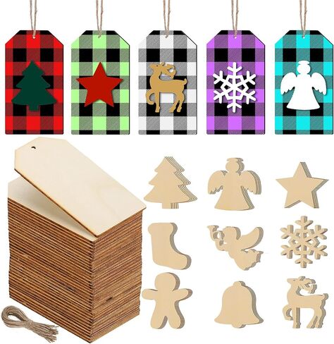 90 Pieces Blank Wooden Present Tags Labels for Present Party Bags Unfinished Wooden Slice Christmas Tree Hanging Ornaments with Holes and Twine DIY Craft Xmas Decorations in Saudi Arabia