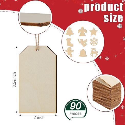 90 Pieces Blank Wooden Present Tags Labels for Present Party Bags Unfinished Wooden Slice Christmas Tree Hanging Ornaments with Holes and Twine DIY Craft Xmas Decorations in Saudi Arabia