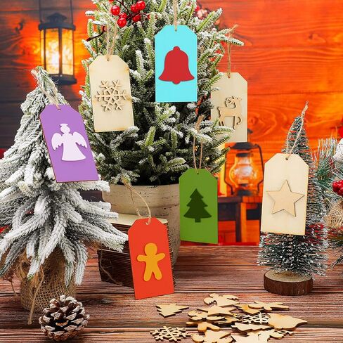 90 Pieces Blank Wooden Present Tags Labels for Present Party Bags Unfinished Wooden Slice Christmas Tree Hanging Ornaments with Holes and Twine DIY Craft Xmas Decorations in Saudi Arabia